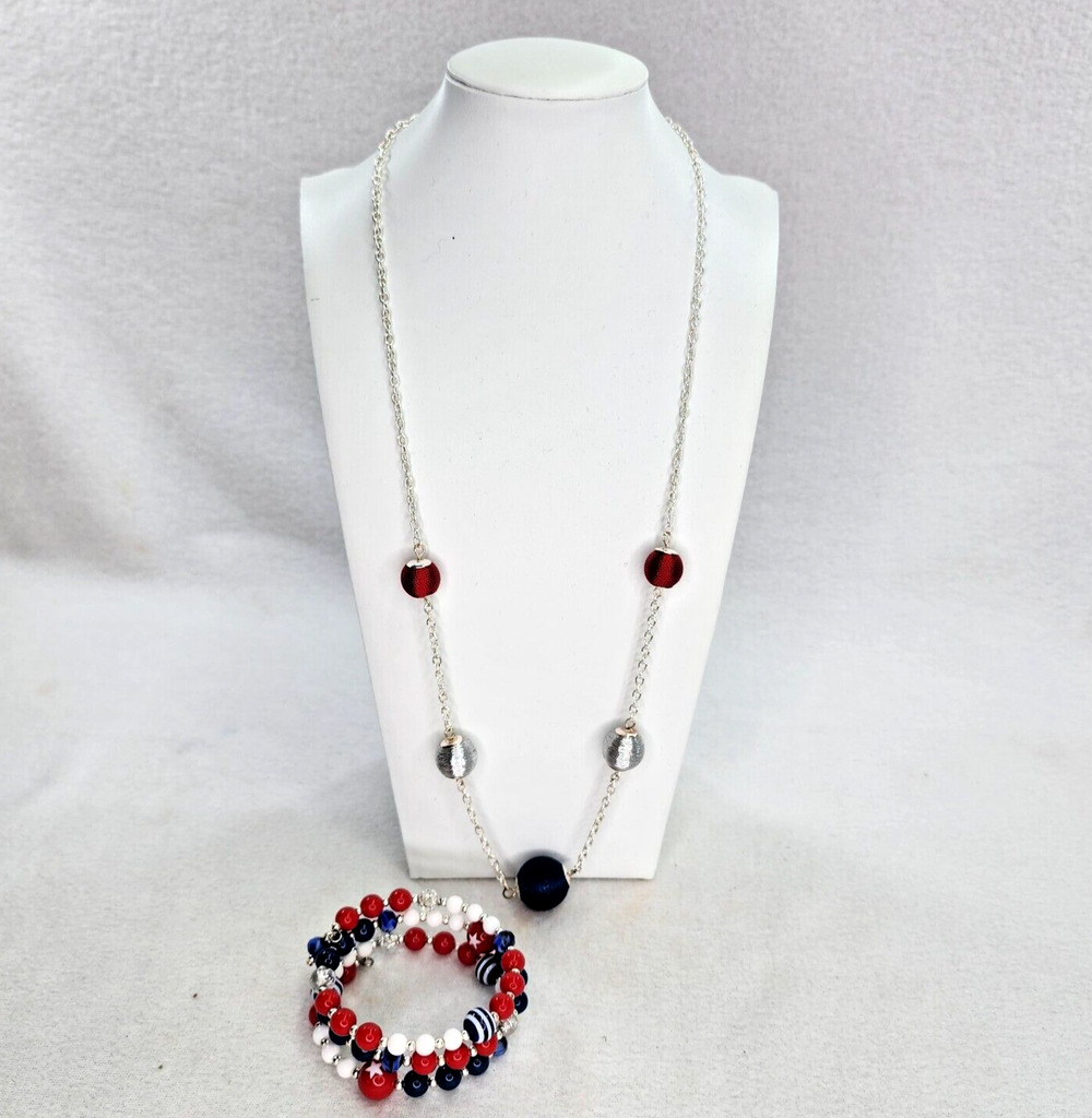 Vintage Necklace & Bracelet Set Red White Blue Plastic Beads Silver Tone Chain